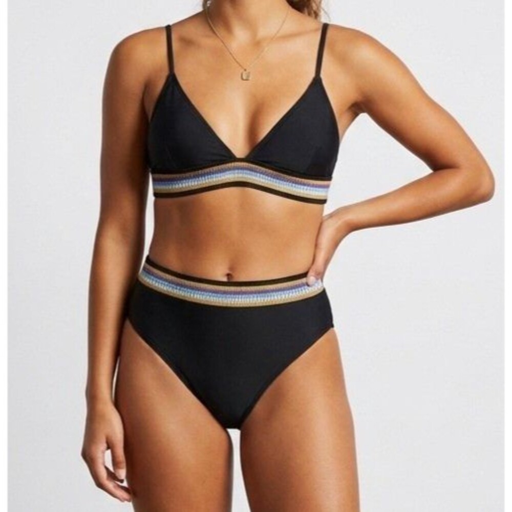 Aimage Bikini Womens XL 2pc Triangle Top Hi Cut Bottoms Banded Black Beach New